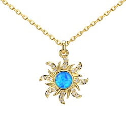 Real 18K Gold Plated Sun 925 Sterling Silver Pendant Necklaces, with Synthetic Opal, Real 18K Gold Plated, 15.75 inch(40cm)
