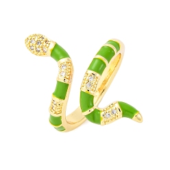 Лайм Латунные кольца-манжеты с микропаве и прозрачным цирконием для женщин, змея, с эмалью, стойки покрытие, без кадмия и без свинца, прочное покрытие, реальный 18 k позолоченный, желто-зеленые, внутренний диаметр: 18.3 мм