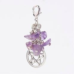 Amethyst Natural Amethyst Chips Pendants, with Flat Round with Pentagram Pendants and Brass Lobster Claw Clasps, 46x17x8mm