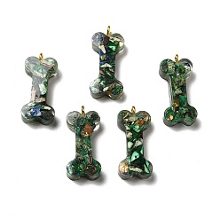 Dark Green Transparent Resin Pendants, Dog Bone Charms, with Natural Opal and Dyed Imperial Jasper, Golden, Dark Green, 27x12x6mm, Hole: 2mm