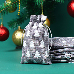 Dark Gray Christmas Theme Linenette Drawstring Bags, Rectangle with Christmas Tree Pattern, Dark Gray, 18x13cm