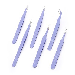 Lilac Stainless Steel Beading Tweezers Sets, Stainless Steel Color, Lilac, 11.7~12.5x0.9~1.05cm, Packaging Size: 13.7x12.6cm, 6pcs/set