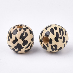 Black Printed Natural Wood Beads, Dyed, Round with Leopard Print Pattern, Black, 12.5x14x13mm, Hole: 3mm
