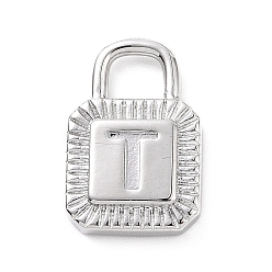 Letter T Eco-friendly Rack Plating Brass Pendants, Cadmium Free & Lead Free, Long-Lasting Plated, Lock with Alphabet, Platinum, Letter.T, 15x10x3mm, Hole: 3.5x4mm