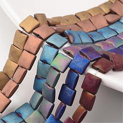 Mixed Color Electroplate Non-magnetic Synthetic Hematite Bead Strands, Frosted, Flat Slice Square Beads, Mixed Color, 8x8x3mm, Hole: 1mm, about 49pcs/strand, 15.7 inch
