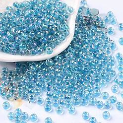 Sky Blue 6/0 Glass Seed Beads, Inside Colours, Round, Transparent Colours Rainbow, Sky Blue, 4x3mm, Hole: 1.2mm, about 6925pcs/pound