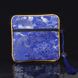 Blue Square Chinese Style Cloth Tassel Bags, with Zipper, for Bracelet, Necklace, Blue, 11.5x11.5cm
