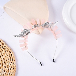Rose Quartz Hollow Triple Moon with Wing Metal Crown Hair Bands, Raw Natural Rose Quartz Wrapped Hair Hoop for Women Girl, 180x150x15mm