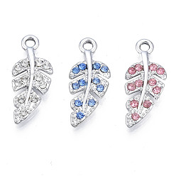 Mixed Color Alloy Pendants, with Rhinestone, Cadmium Free & Nickel Free & Lead Free, Leaf, Platinum, Mixed Color, 21x8.5x2mm, Hole: 1.6mm