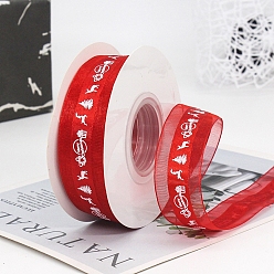 Red 22M Christmas Printed Organza Ribbons, Flat, Red, 1 inch(25mm), about 24.06 Yards(22m)/Roll