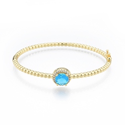 Cyan Cubic Zirconia Flat Round Hinged Bangle, Real 18K Gold Plated Brass Jewelry for Women, Cyan, Inner Diameter: 2x2-3/8 inch (5x5.9cm)