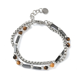 Тигровый глаз Многорядные бусины из натурального тигрового глаза и немагнитного синтетического гематита, вышитый бисером браслеты для женщин, с 201 нержавеющей сталью и 304 фурнитурой из нержавеющей стали, 7-1/2 дюйм (19.1 см)