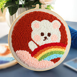 Bear DIY Rainbow Theme Punch Embroidery Kits, Including Printed Cotton Fabric, Embroidery Thread & Needles, Imitation Bamboo Embroidery Hoops, Bear Pattern