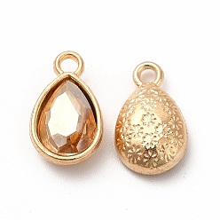PeachPuff Faceted Glass Rhinestone Pendants, with Golden Tone Zinc Alloy Findings, Teardrop Charms, PeachPuff, 15x9x5mm, Hole: 2mm