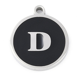Letter D 201 подвески из нержавеющей стали, с черной эмалью, цвет нержавеющей стали, плоские круглые с буквы, Буква D, 18.5x15.5x2 мм, отверстие : 1.6 мм