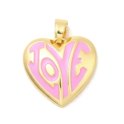 Pink Латунь эмаль подвески, сердце прелести, без свинца и без кадмия, долговечный, стойки покрытие, реальный 18 k позолоченный, розовые, 19x20x4.5 мм, отверстие : 3.5x5.5 мм