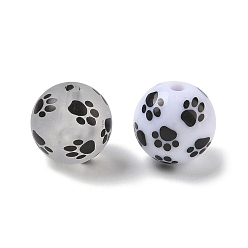 Mixed Color Printed Opaque & Frosted Transparent Acylic Beads, Round with Paw Print, Mixed Color, 16mm, Hole: 2.5mm
