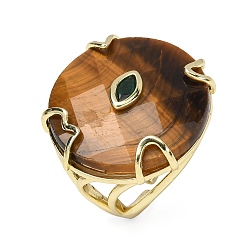 Tiger Eye Natural Tiger Eye Cuff Rings, Round, Brass Micro Pave Cubic Zirconia Cuff Open Rings, Faceted, Golden, US Size 8 1/2(18.5mm)