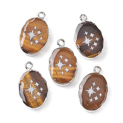 Tiger Eye Natural Tiger Eye Oval Pendants, Platinum Plated Brass Oval Charms with Star, 22~22.5x13~13.5x4.5mm, Hole: 1.6~1.8mm