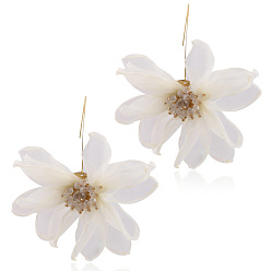 White Alloy Dangle Earrings, with Organza and Rhinestone, Flower, White, 100x100mm