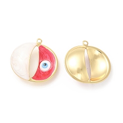 Red Brass Pendants, with Enamel, Real 18K Gold Plated, Long-Lasting Plated, Flat Round with Evil Eye Charm, Red, 25x25x8mm, Hole: 1.4mm