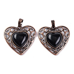 Obsidian Natural Obsidian Peach Love Heart Pendants, Rack Plating Brass Hollow Heart Charms, Cadmium Free & Lead Free, Red Copper, 29.5x30.5x7.5mm, Hole: 7.5x5mm