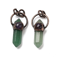 Зеленый Авантюрин Подвески из натурального аметиста и зеленого авантюрина, подвески-пули с двумя концами в форме заостренных граней и латунными соединительными кольцами, без кадмия и без свинца, Красная медь, 37.5~38.5x19x12~13 мм, отверстие : 6 мм