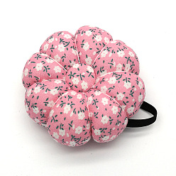Pink Flower Pattern Wrist Strap Pin Cushions, Pumpkin Shape Sewing Pin Cushions, for Cross Stitch Sewing Accessories, Pink, 90mm