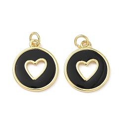 Черный Латунь эмаль подвески, круглый с вырезанным сердцем, реальный 18 k позолоченный, долговечный, чёрные, 18x15.5x1 мм, отверстие : 3 мм, кольца прыжок: 5x0.7 мм