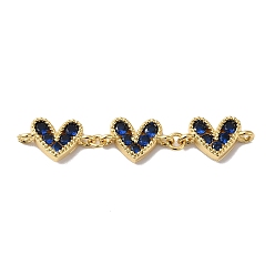 Blue Rack Plating Brass Pave Cubic Zirconia Connector Charms, Triple Heart Links, Lead Free & Cadmium Free, Real 18K Gold Plated, Long-Lasting Plated, Blue, 42~43x8x2.5mm, Hole: 1.2~1.4mm