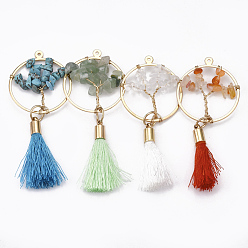 Mixed Stone Brass Wire Wrapped Big Pendants, with Natural & Synthetic Mixed Stone Chip Beads and Polyester Tassel, Ring with Tree, Golden, 70~75x30x5~10mm, Hole: 1mm