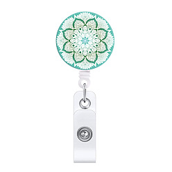 Green ABS Plastic Retractable Badge Reels, Card Holders, with Platinum Clips, ID Badge Holder for Nurses, Flat Round with Mandala Pattern, Green, 85mm