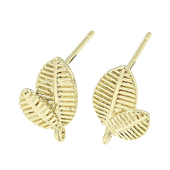 Real 14K Gold Plated Brass Stur Earring Findings, Leaf, Real 14K Gold Plated, 14x9mm, Hole: 1.2mm, Pin: 12mm