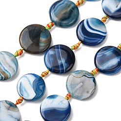 Морской Синий Нити из натурального полосатого агата/полосчатого агата в форме монеты, окрашенная и подогревом, плоско-круглые, Marine Blue, 22~27x5.5~7 мм, отверстие : 2 мм, около 12~14 шт / нитка, 41~46 см