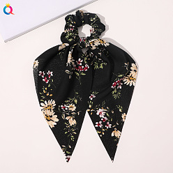 Floral Triangle Scarf - Black Chic Floral Hair Accessory for Women - Triangle Ribbon Peony Bow Scrunchie Headband