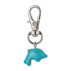 Dark Turquoise Dolphin Synthetic Turquoise Pendant Decorations, with Alloy Swivel Lobster Claw Clasps, Dark Turquoise, 45mm