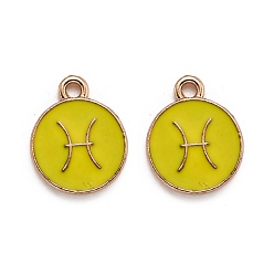 Pisces Alloy Enamel Pendants, Flat Round with Constellation/Zodiac Sign, Golden, Pisces, 15x12x2mm, Hole: 1.5mm