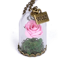 Pearl Pink Glass Dried Flower Wishing Bottle Pendant Necklace, with Antique Bronze Alloy Cable Chains, Pearl Pink, 23.62 inch(60cm)