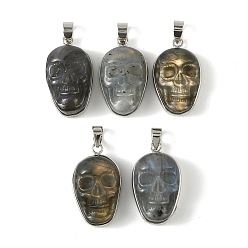 Платина Подвески из натурального лабрадорита на Хэллоуин, латунные подвески в виде черепов с оправой, платина, 26x16x10 мм, отверстие : 4.5x6 мм