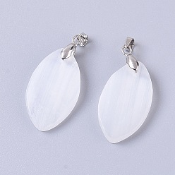 White Natural Calcite Pendants, with Platinum Plated Brass Findings, Horse Eye, White, 31x17.5~18x4mm, Hole: 3.5x4mm
