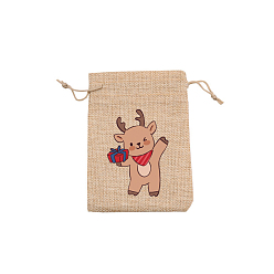 Deer Rectangle Christmas Themed Burlap Drawstring Gift Bags, Gift Pouches for Christmas Party Supplies, BurlyWood, Deer, 14x10cm