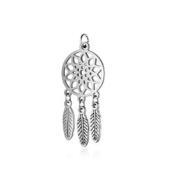 Stainless Steel Color 304 Stainless Steel Pendants, with Jump Rings, Polished, Woven Net/Web with Feather, Stainless Steel Color, 32x14x1mm, Hole: 3mm