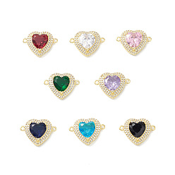 Mixed Color Rack Plating Brass Pave Cubic Zirconia Connector Charms, Heart Links, Lead Free & Cadmium Free, Long-Lasting Plated, Real 18K Gold Plated, Mixed Color, 16x22x7mm, Hole: 1.6mm