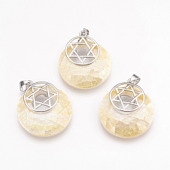 Other Sea Shell Natural Yellow Shell Pendants, with Platinum Tone Brass Findings, for Jewish, Flat Round with Star of David, 32x28x7mm, Hole: 4x5mm