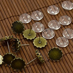 Antique Bronze 12x5~6mm Dome Transparent Glass Cabochons and Antique Bronze Brass Ear Stud Findings for DIY Stud Earrings, Nickel Free, Ear Stud: 13mm, Pin: 0.6mm, Tray: 12mm