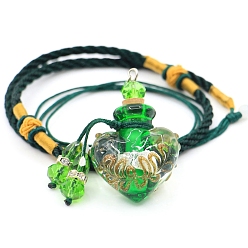 Green Baroque Style Heart Handmade Lampwork Perfume Essence Bottle Pendant Necklace, Adjustable Braided Cord Necklace, Sweater Necklace for Women, Green, Bottle: 40x22mm