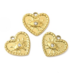 Golden Ion Plating(IP) 304 Stainless Steel Pendants, with Crystal Rhinestone, Heart with Eye Charms, Golden, 15.5x14.5x2.5mm, Hole: 1.6mm