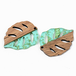 Pale Turquoise Transparent Resin & Walnut Wood Pendants, with Gold Foil, Leaf, Pale Turquoise, 37x28x3mm, Hole: 2mm