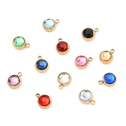 Mixed Color 304 Stainless Steel Charms, with Acrylic Rhinestone, Birthstone Charms, Faceted, Flat Round, Golden, Mixed Color, 10x8x4mm, Hole: 1.3mm