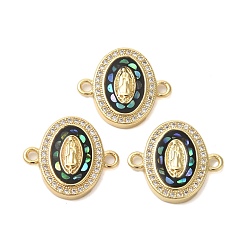 Черный Покрытие стойки латунь микро-паве прозрачный кубический цирконий овал с подвесками-коннекторами Девы Марии, с эмалью и ракушкой, реальный 18 k позолоченный, долговечный, без свинца и без кадмия, чёрные, 17x19x3 мм, отверстие : 1.8 мм